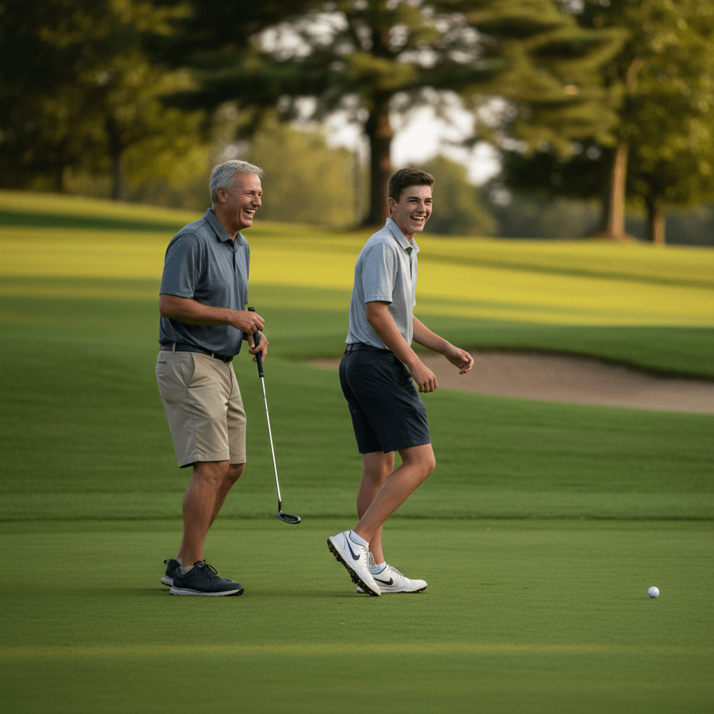Coach and teenage student smiling and laughing on a chipping green after a successful shot