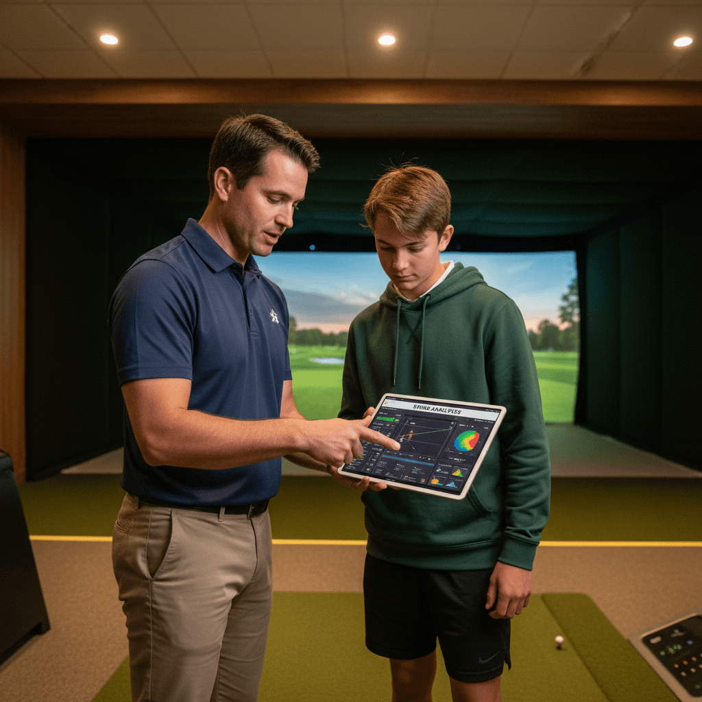 Coach and student reviewing swing data on a tablet inside an indoor simulator