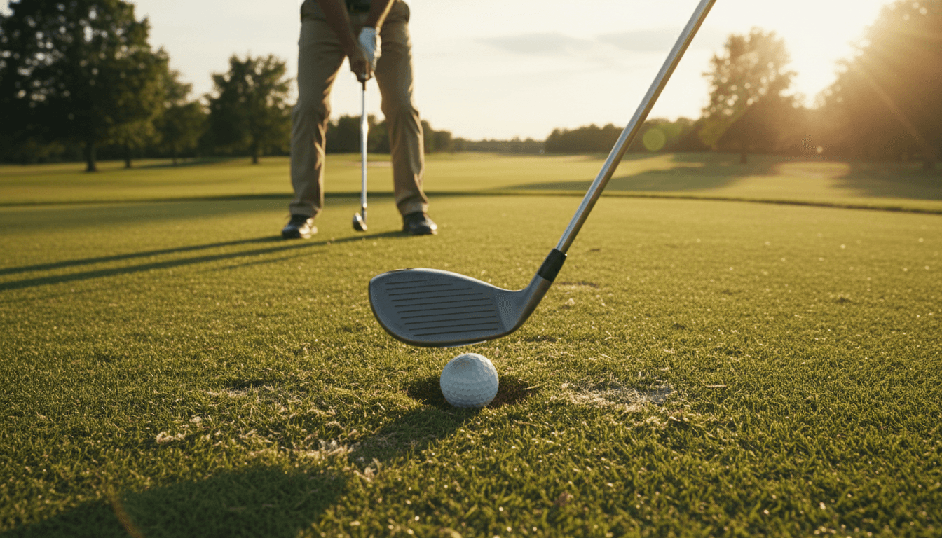 Close-up of a golf club striking a ball on grass at golden hour